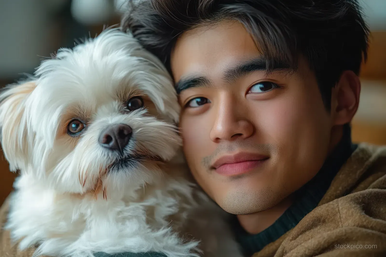 A young man cuddles a fluffy white dog close to his face as both calmly look into the camera indoors.