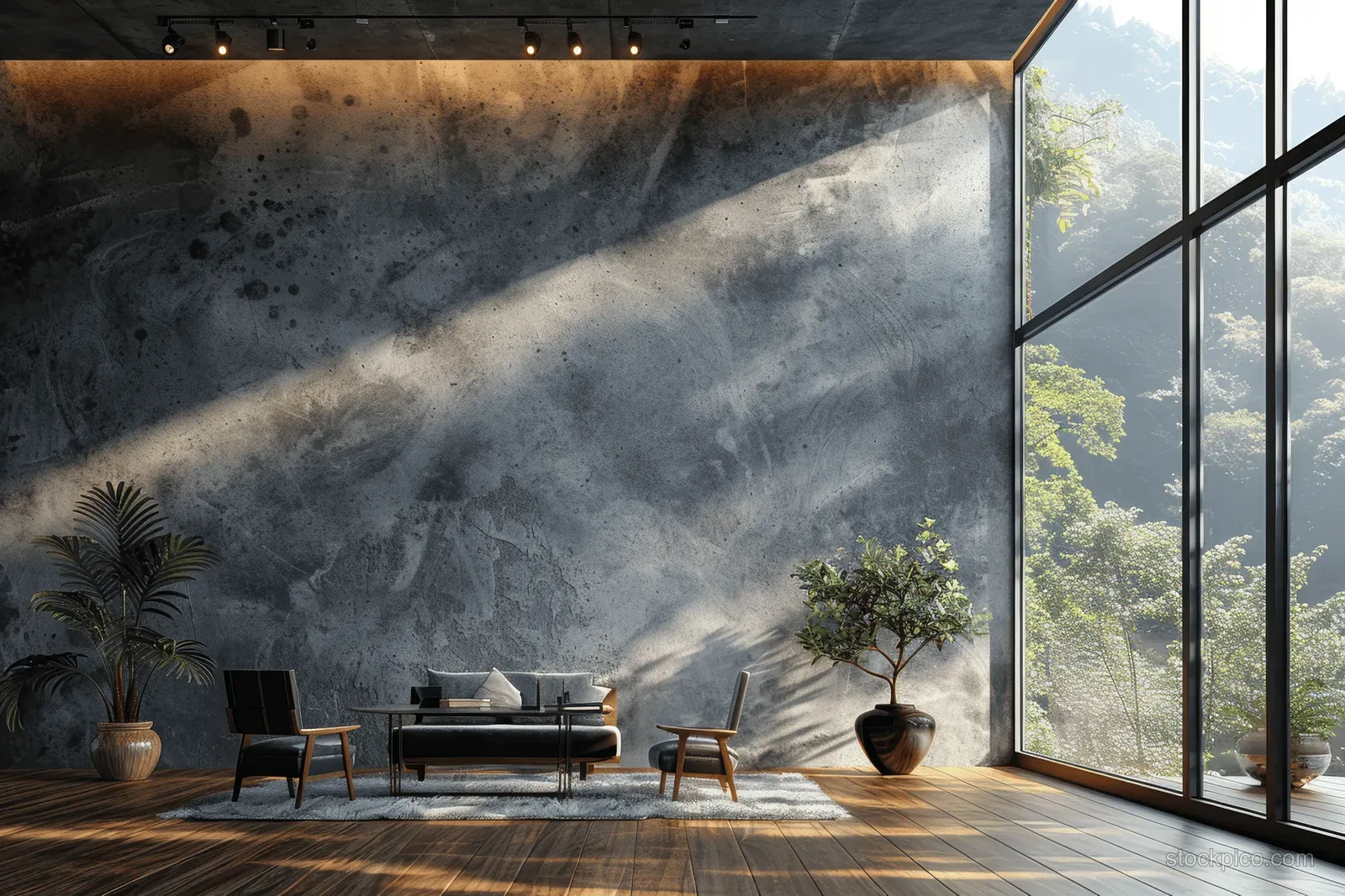 Minimal living room with a textured concrete wall, wooden floor, and large windows showing lush greenery.