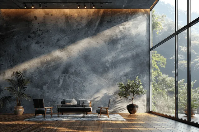 Minimal living room with a textured concrete wall, wooden floor, and large windows showing lush greenery.