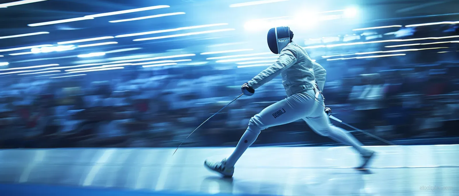 A male fencer lunges forward on the piste under bright arena lights.
