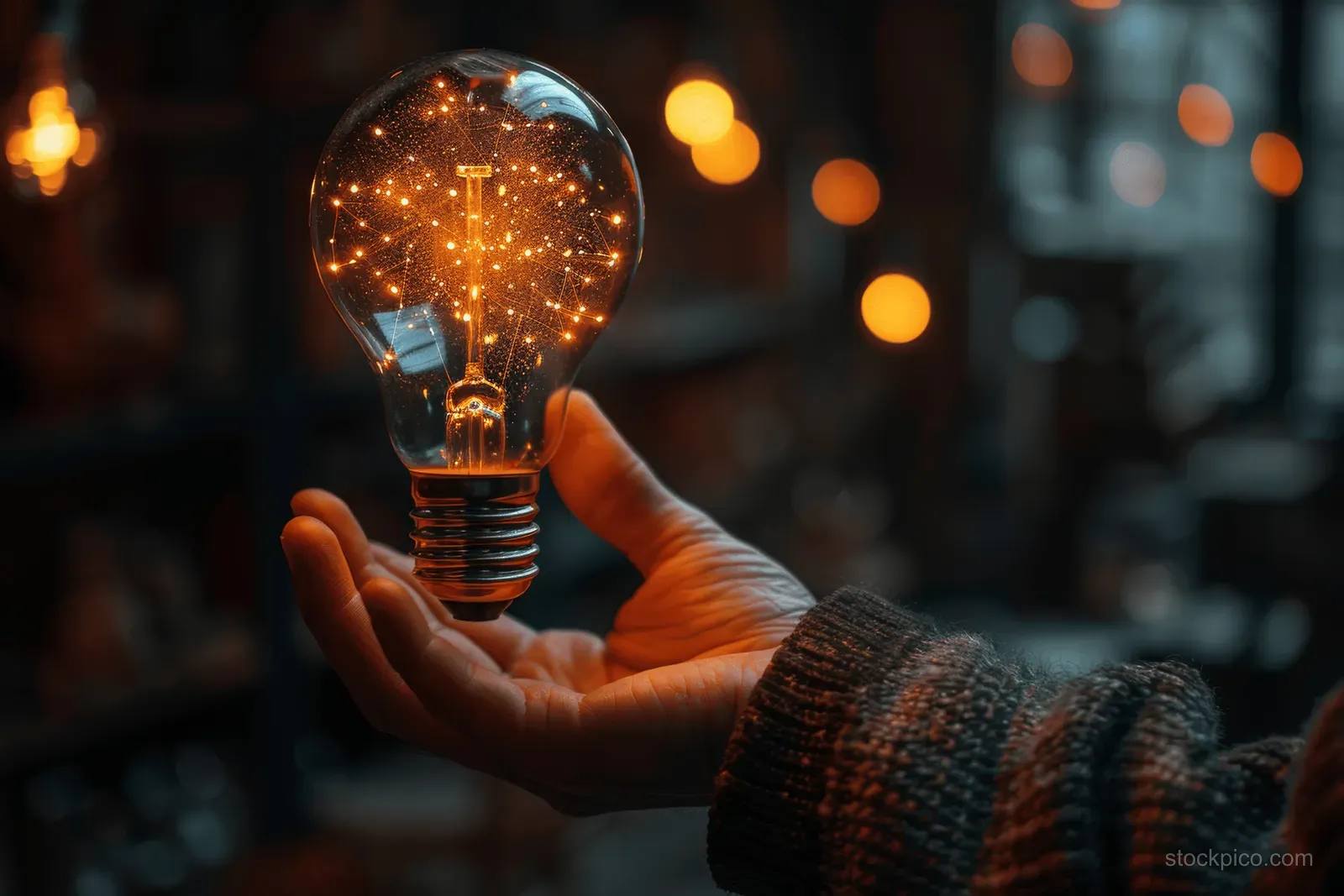A hand holds a glowing lightbulb against a dark background with warm blurred lights.