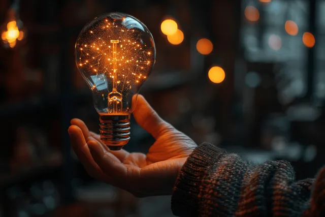 Hand Holding Glowing Lightbulb with Bokeh Lights in Dark Interior