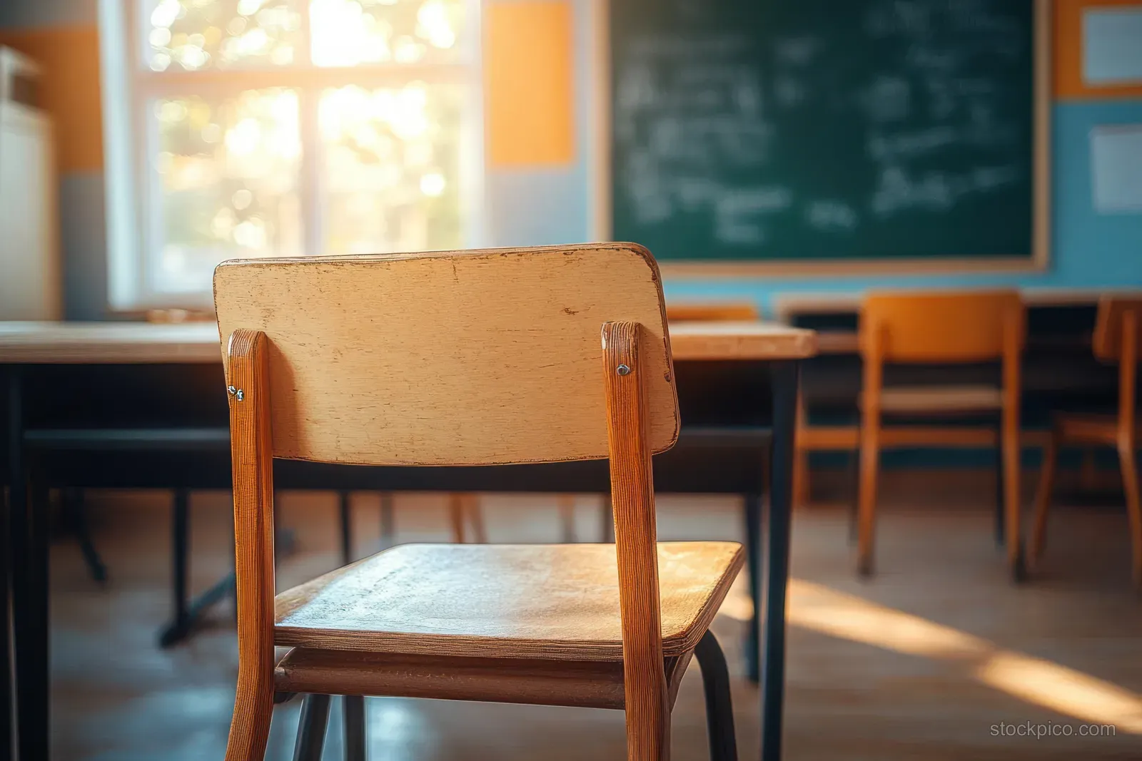 A wooden chair in the foreground of an empty classroom with sunlit windows and a blurred chalkboard.
