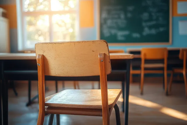 Wooden chair in a cozy classroom near sunlit windows with softly blurred chalkboard