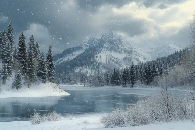 Snowfall falls over an icy frozen lake bordered by snow-covered pine trees and distant mountains beneath cloudy skies.
