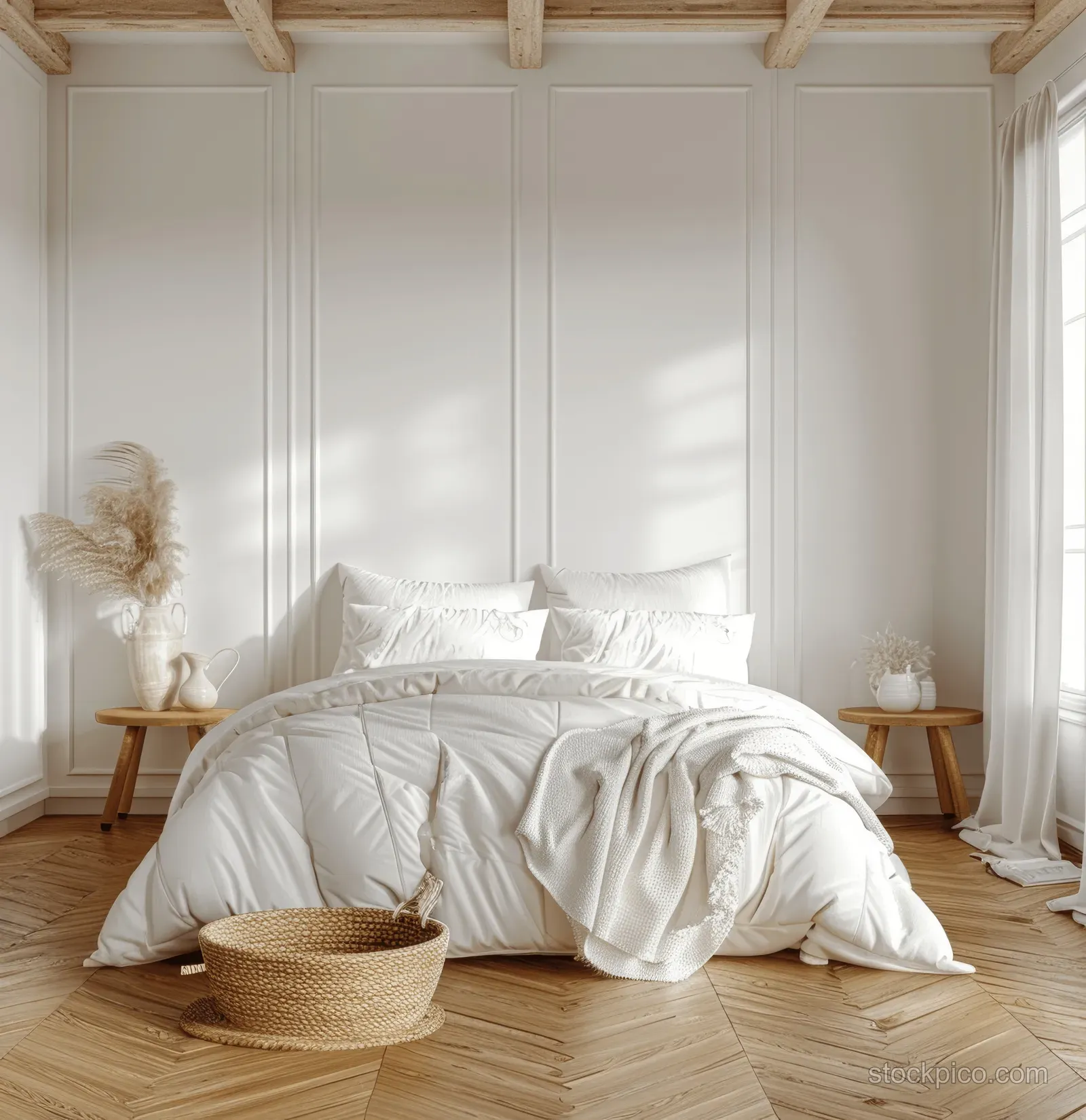 White coastal boho bedroom with a large bed, rattan decor, and wooden parquet floor under daylight.