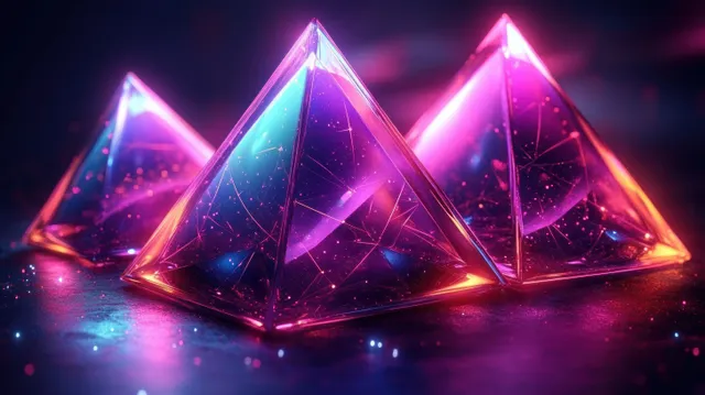 Three translucent neon pyramids glowing with pink and blue particles on a dark reflective surface.