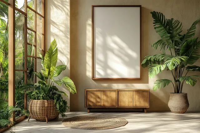Serene modern interior with a blank canvas, wooden cabinet, and lush monstera plants in ceramic pots under soft natural lighting.