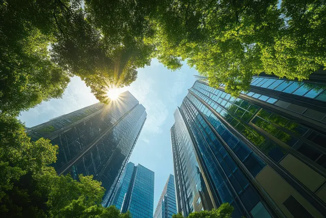 Low-angle view shows glass skyscrapers rising behind a canopy of sunlit green trees under a bright blue sky.