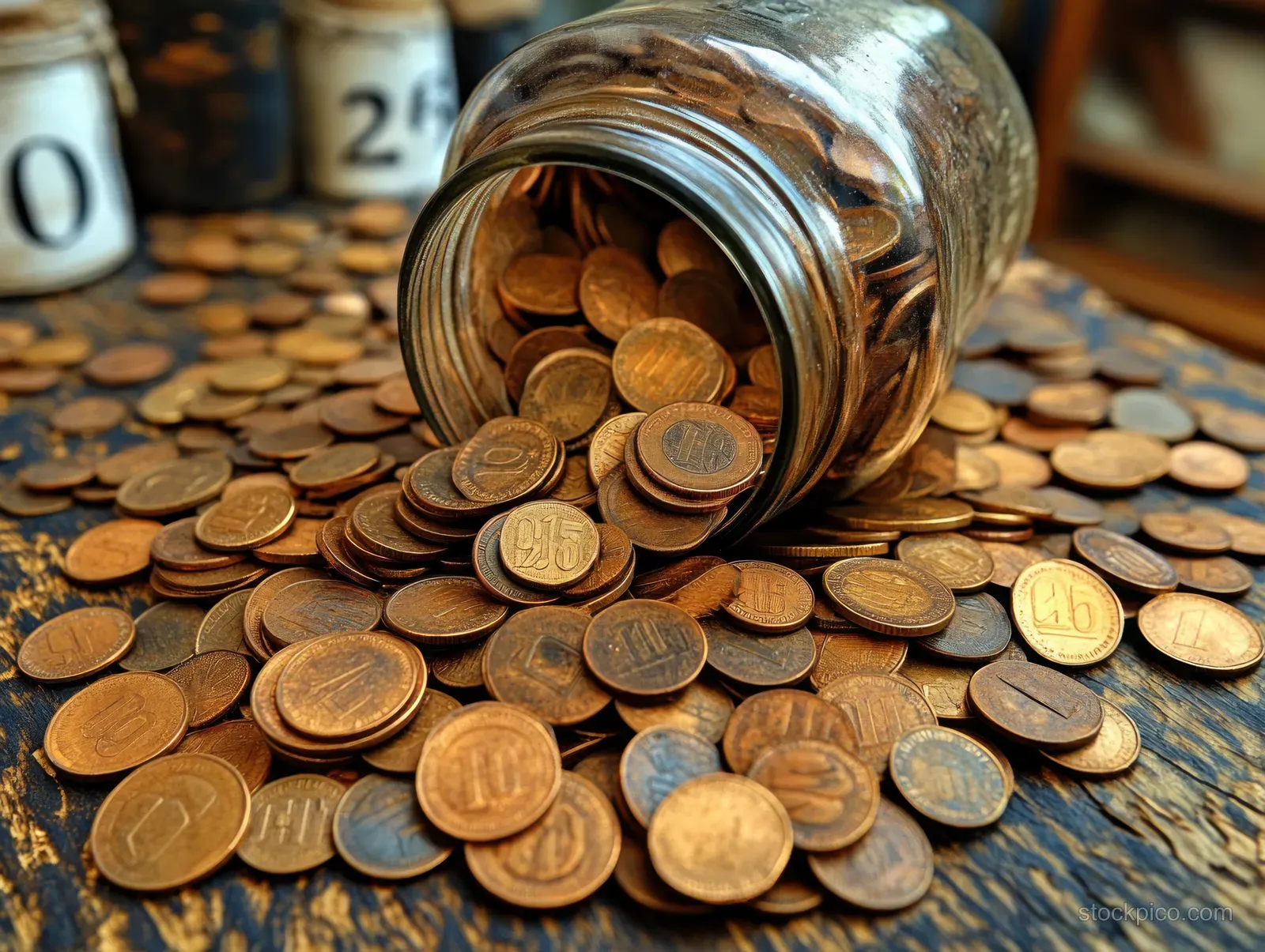 An open jar spills copper coins across a desk with wooden number markers nearby.