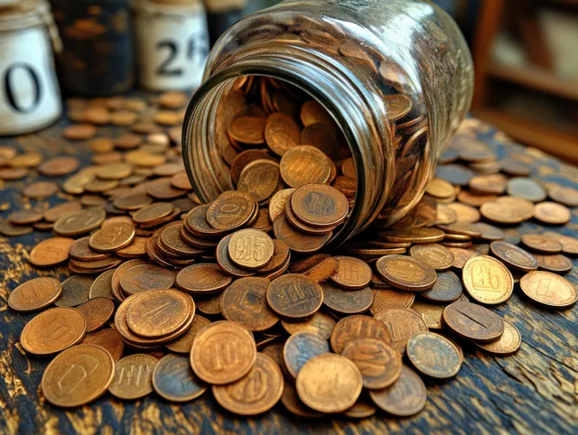 Spilled copper coins and open jar with wooden date numbers on a desk