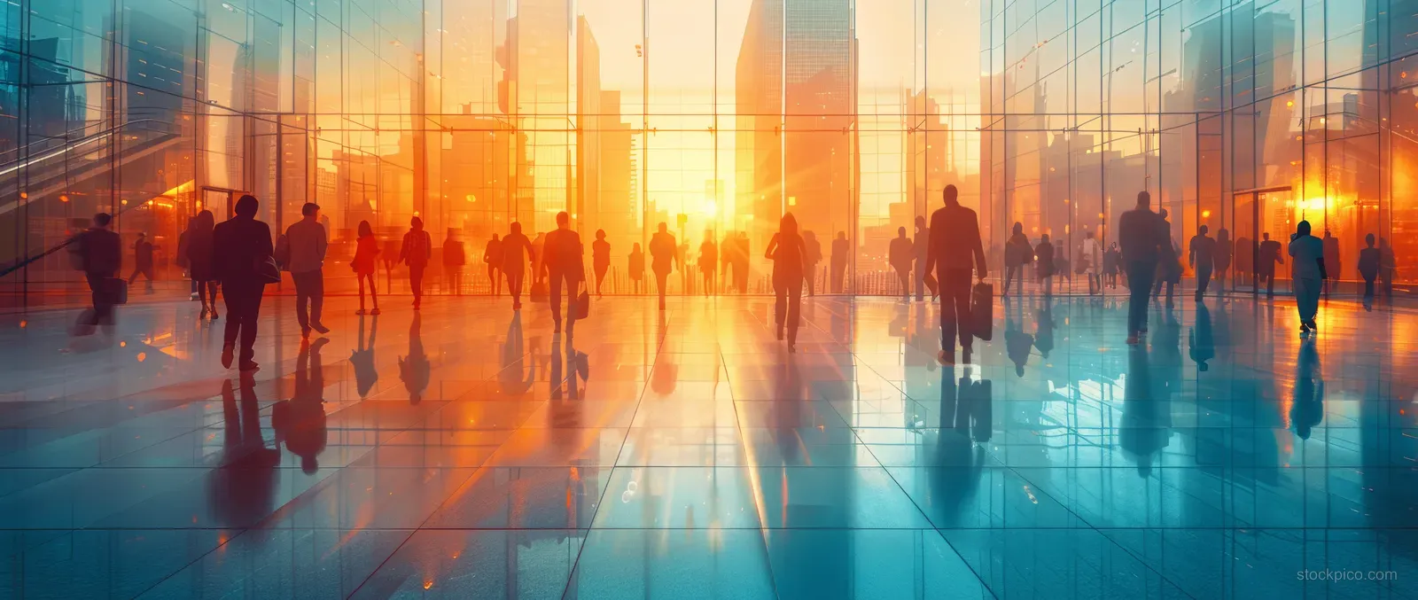 Silhouetted business people walk through a glass office lobby with sunrise reflections.