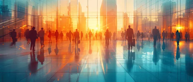 Business people walking through sunlit glass office lobby at sunrise