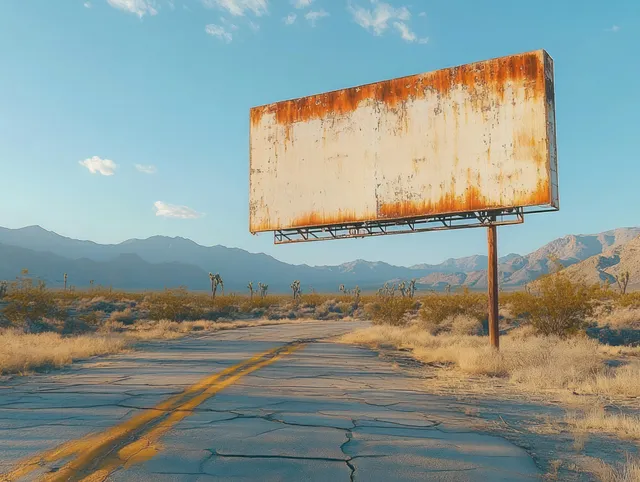 A rusty blank billboard stands beside a cracked desert road with dry shrubs and mountains in the distance under blue sky.