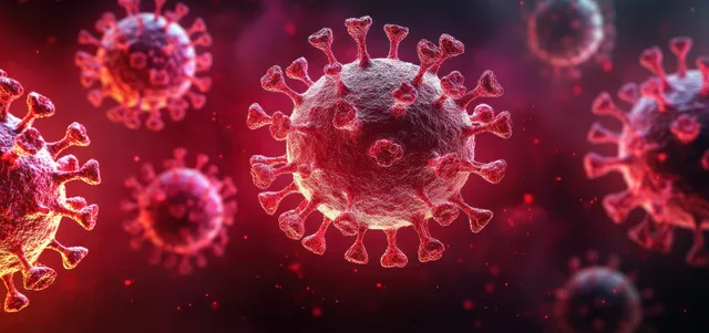 3D COVID-19 virus particles floating in dark red science background with glowing halos