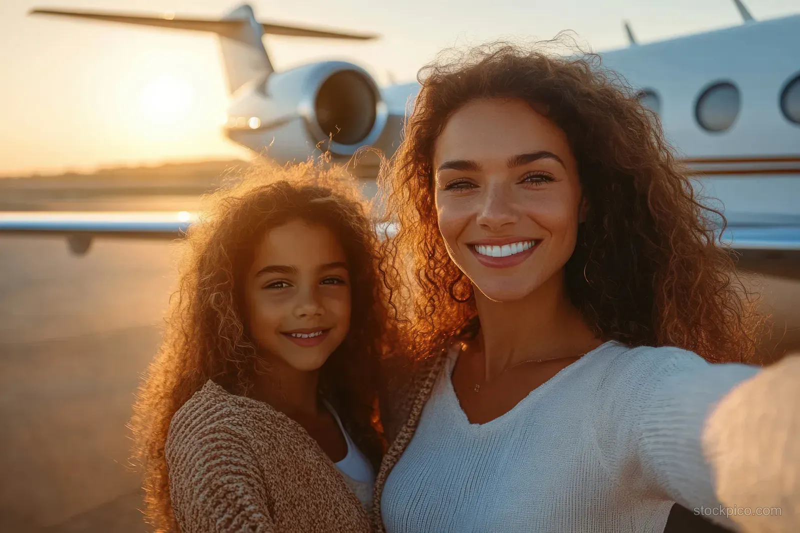 Mother and daughter smile for a selfie beside a private jet during golden hour golden sunset light.
