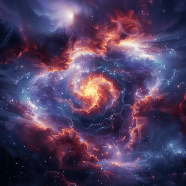 A glowing nebula explosion swirls through dark space, lighting surrounding stars and cosmic dust clouds.