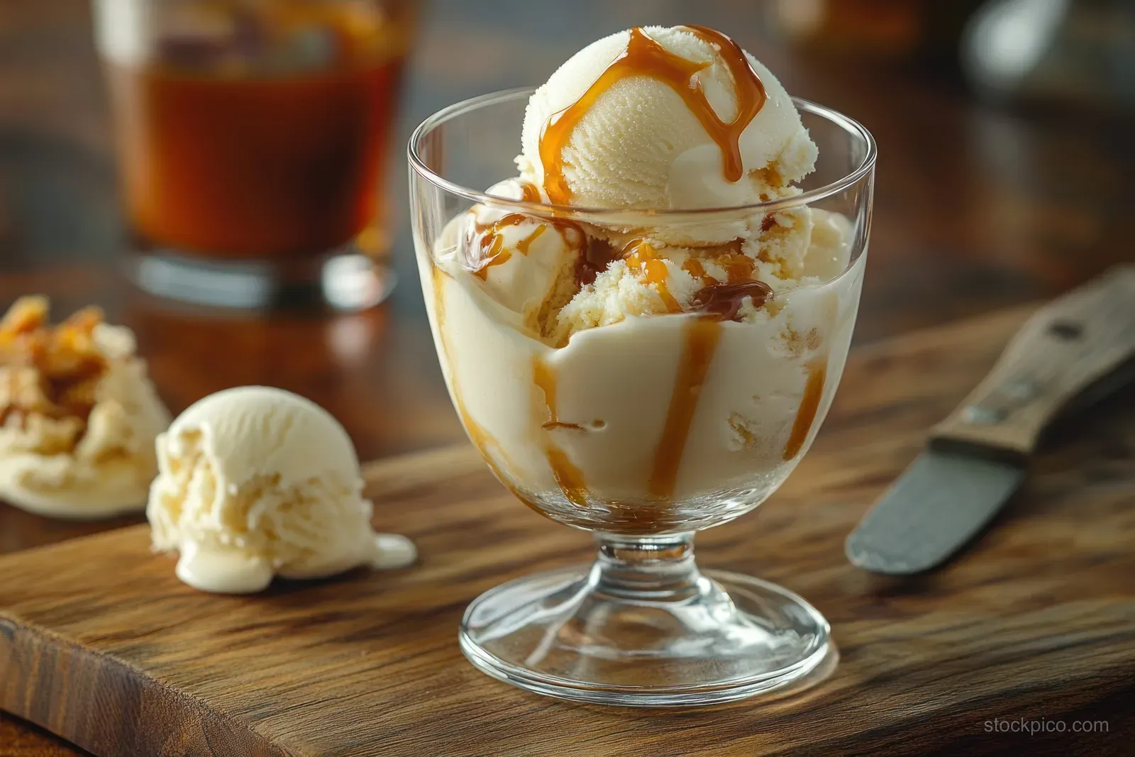 Vanilla ice cream with caramel drizzle in a glass cup on a wooden board with a knife and blurred iced coffee behind.