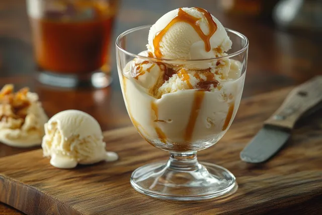 Glass dessert dish with vanilla ice cream and caramel drizzle on wooden board