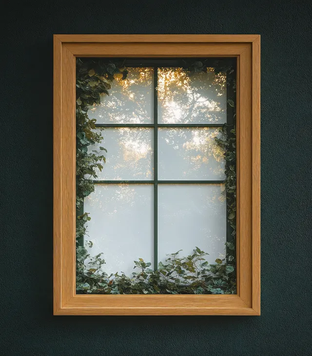 A minimalist wooden picture frame on a soft green wall with tree reflections visible in its glass.