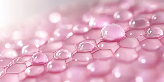 Pink honeycomb skin texture with scattered water droplets and a glossy skincare glow.