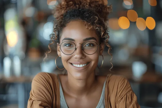 Smiling people sit at a meeting table in a modern office with coffee mugs and blurred presentation lights behind.