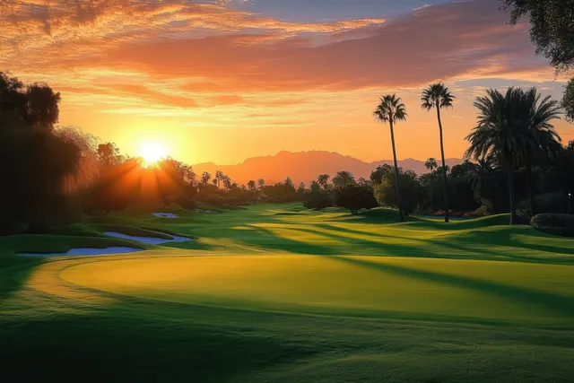 Sunset lights a tropical golf course fairway with palm trees, sand bunkers, and distant mountains under orange clouds.