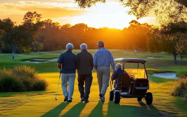 Four elderly men walking on a golf course at sunset beside a golf cart