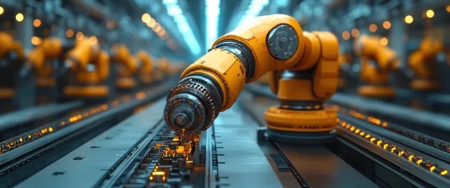 A robot arm assembly head places circuit components on a glowing production line inside a neon smart factory.