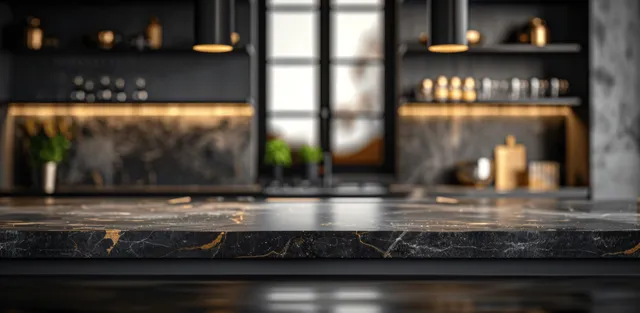 Dark marble kitchen countertop in foreground with blurred luxury interior windows and pendant lights