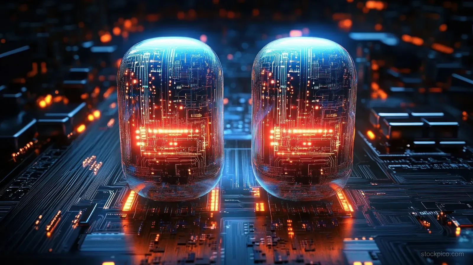 Two glowing translucent processor cores on a circuit board with neon blue and orange data streams.