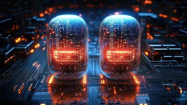 Two glowing translucent processor cores on a circuit board with neon blue and orange data streams.