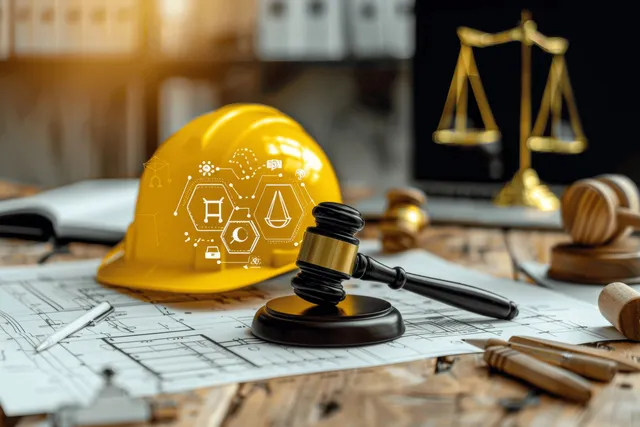 A golden construction helmet and black gavel sit on architectural blueprints with tools and a blurred scale of justice behind.