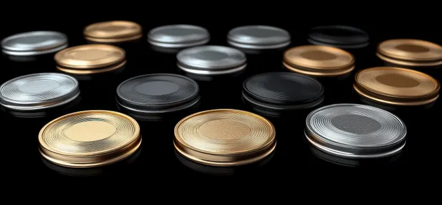 Gold and silver metallic lids sit in a checker-style arrangement on a black background with subtle reflections.