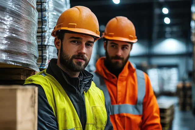 Two helmeted warehouse workers in neon safety jackets stand beside stacked pallets in an illuminated logistics aisle.