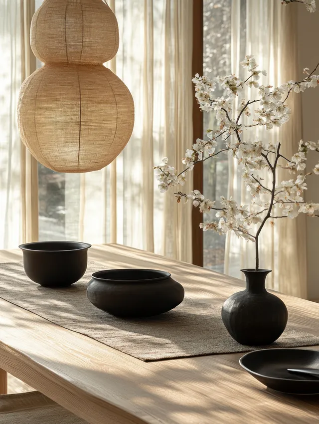Minimalist dining table set with black bowls and sheer curtains, warm natural window light