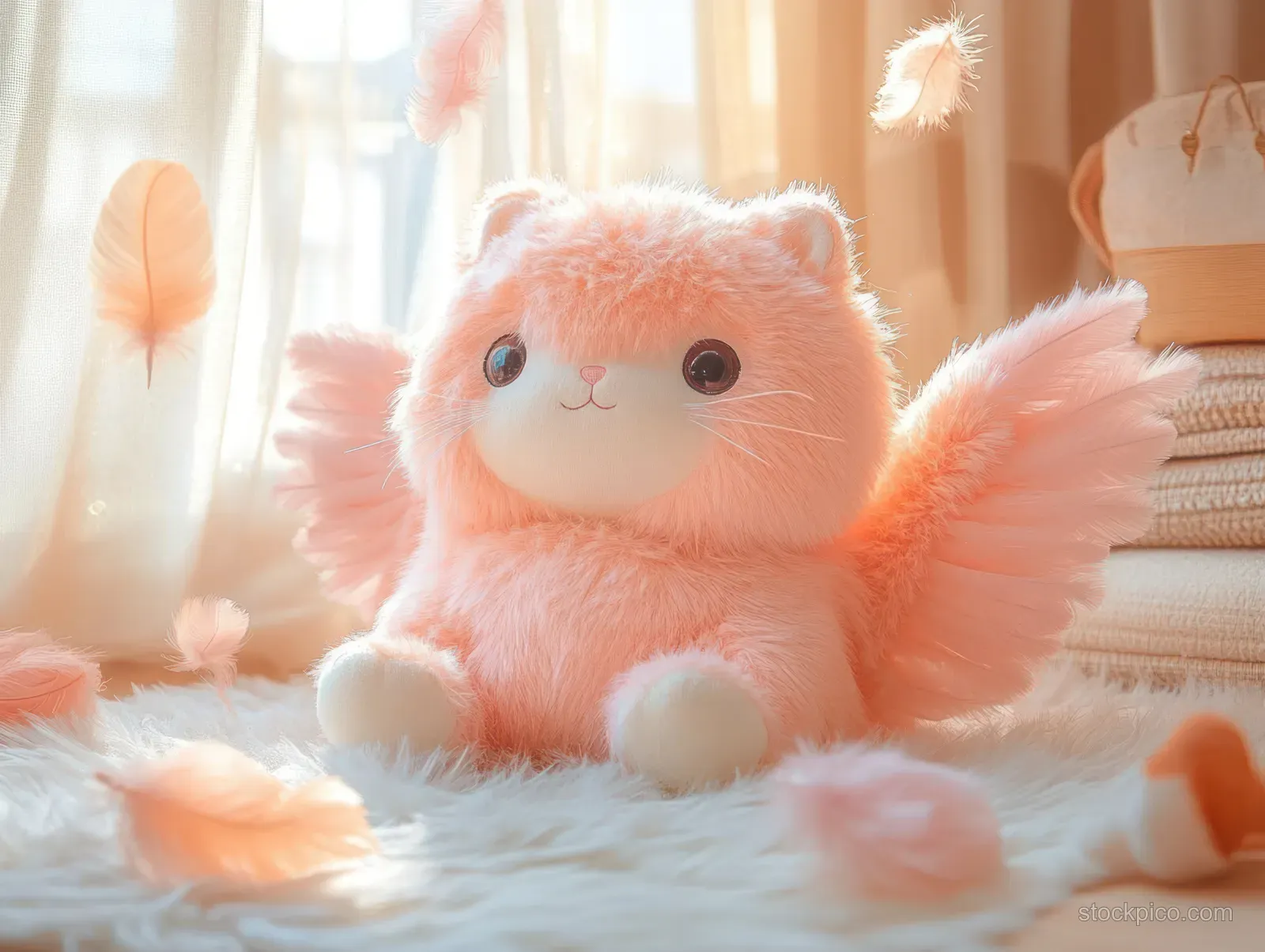 A plush winged cat toy with large round eyes sits on a fluffy white surface with peach feathers floating around.