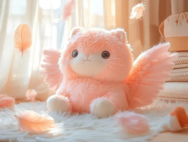 A plush winged cat toy with large round eyes sits on a fluffy white surface with peach feathers floating around.