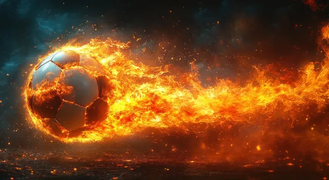 A glowing soccer ball is engulfed in flames and sparks, creating a dynamic motion effect against a dark background.