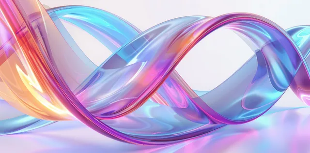 Iridescent holographic ribbons weave into 3D looped curves on a light background