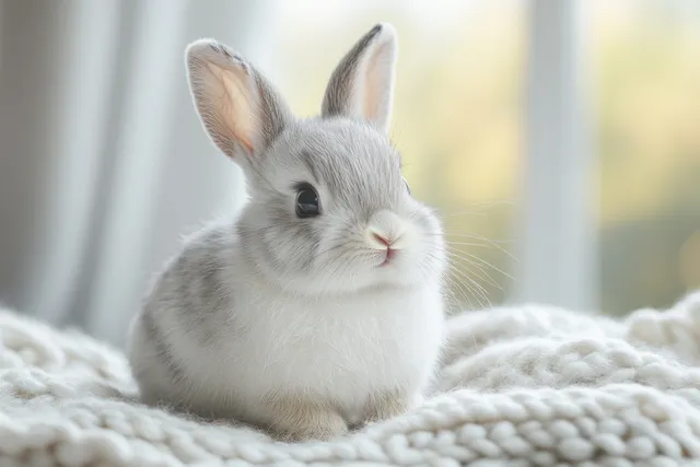 Fluffy white rabbit with gray markings resting on a knit blanket with a soft blurred background.