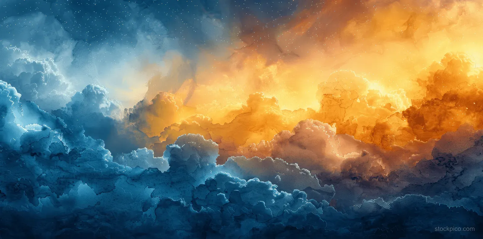 Abstract watercolor sky with layered gradient clouds over a green summer meadow.