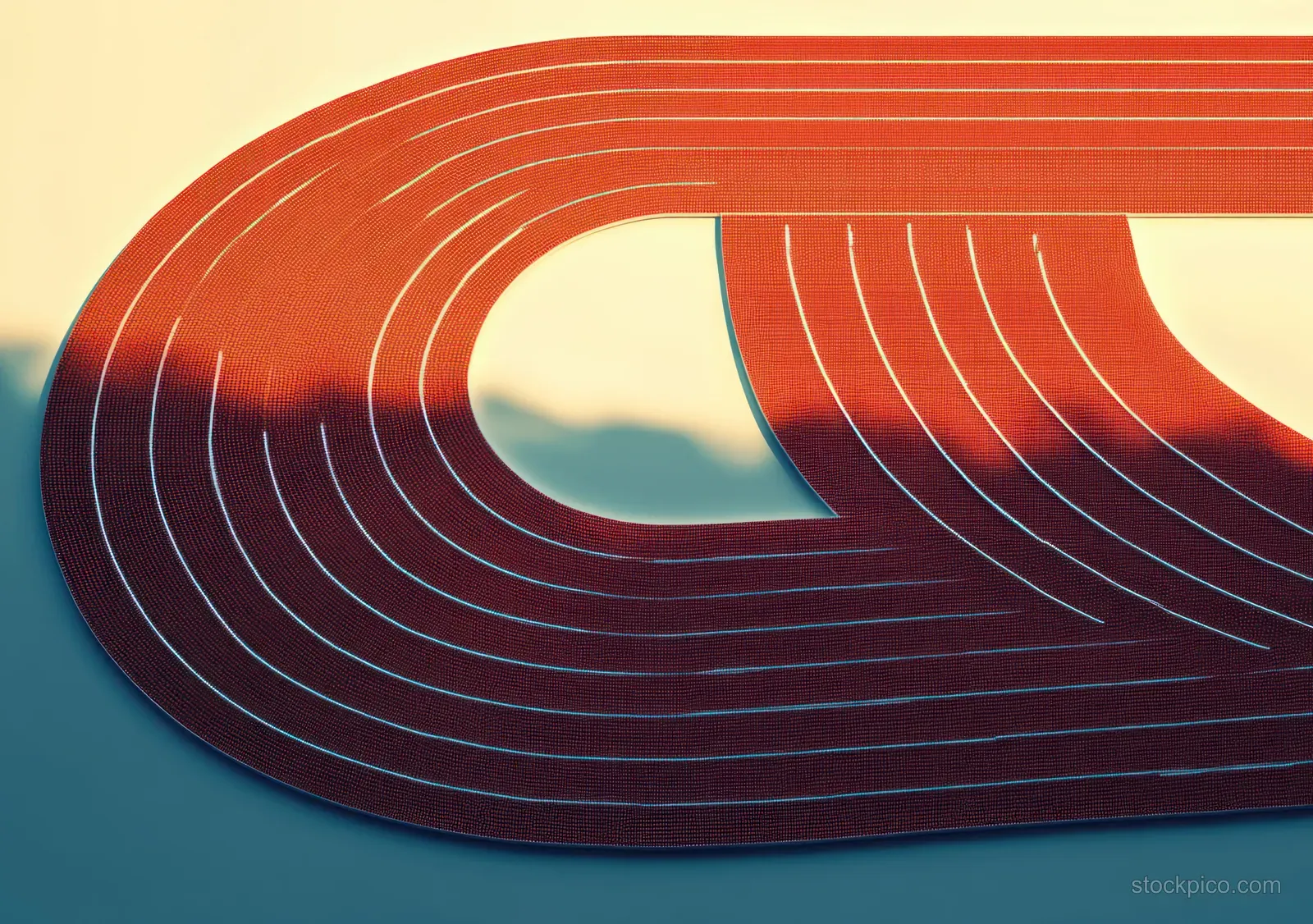 Overhead shot of a red running track curve with multiple lanes and blue surroundings.