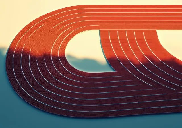 Overhead shot of a red running track curve with multiple lanes and blue surroundings.