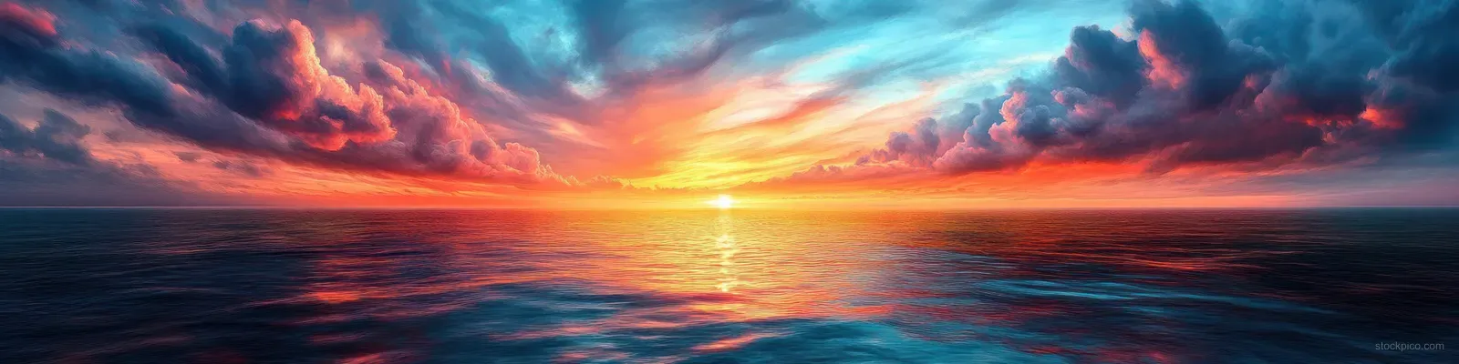 A vivid sunset lights layered clouds and reflects warm and cool tones across a calm ocean horizon.