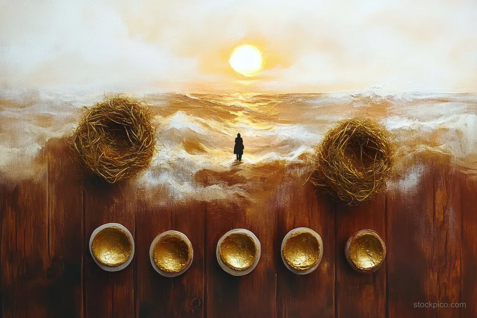 Silhouette of a solitary figure facing a glowing sunset over stormy sea with bird nests and five golden eggs on wood below.