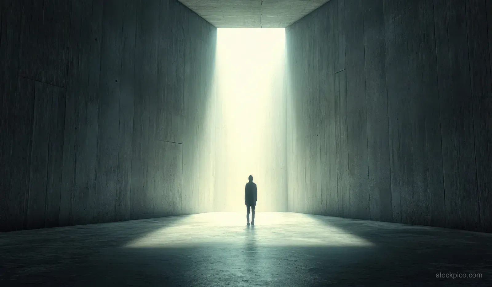 A lone person stands in a dark concrete room while a narrow beam of light falls from above.