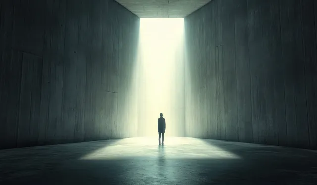 Lone figure standing in dark concrete room as a narrow vertical light beam illuminates