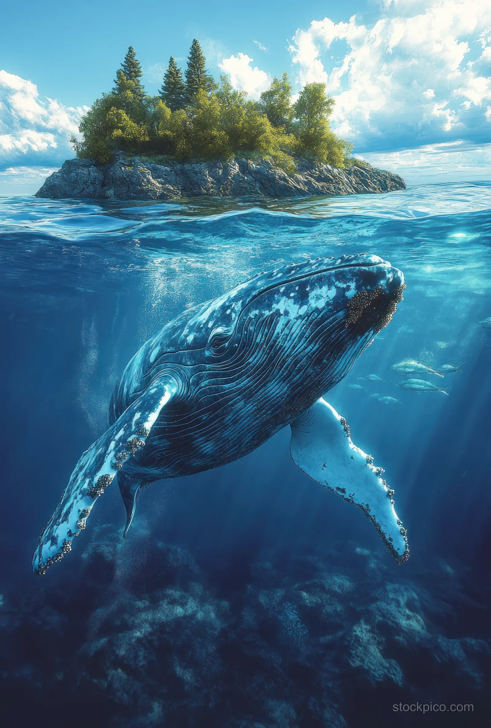 Blue whale swimming underwater with turquoise light rays and rippling watercolor ocean waves.