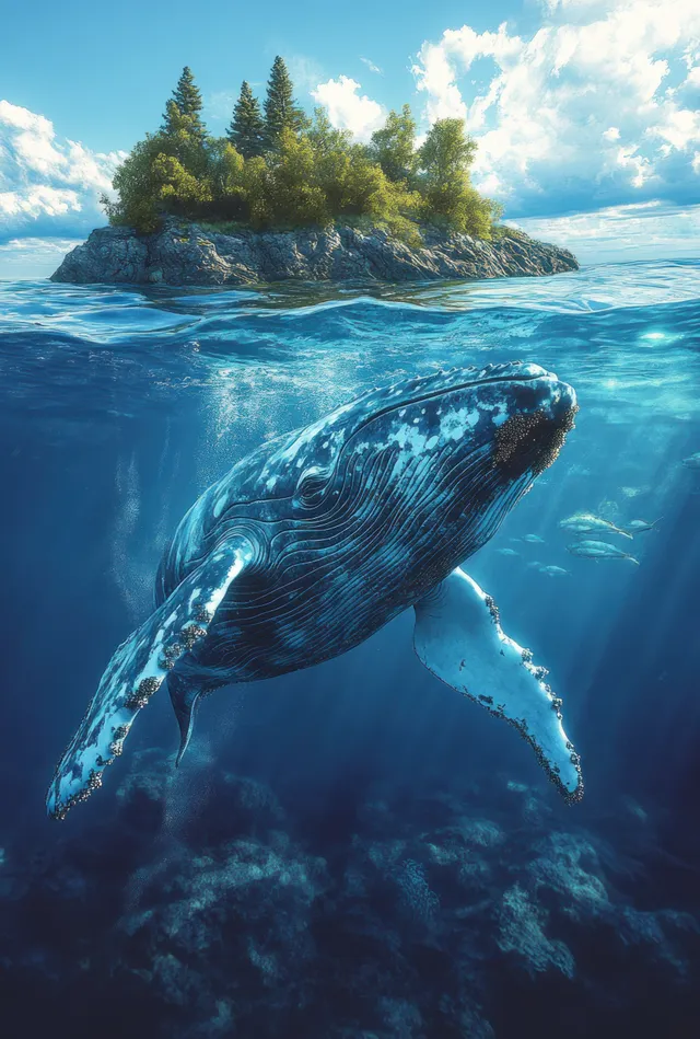 Blue whale swimming underwater with turquoise light rays and rippling watercolor ocean waves.